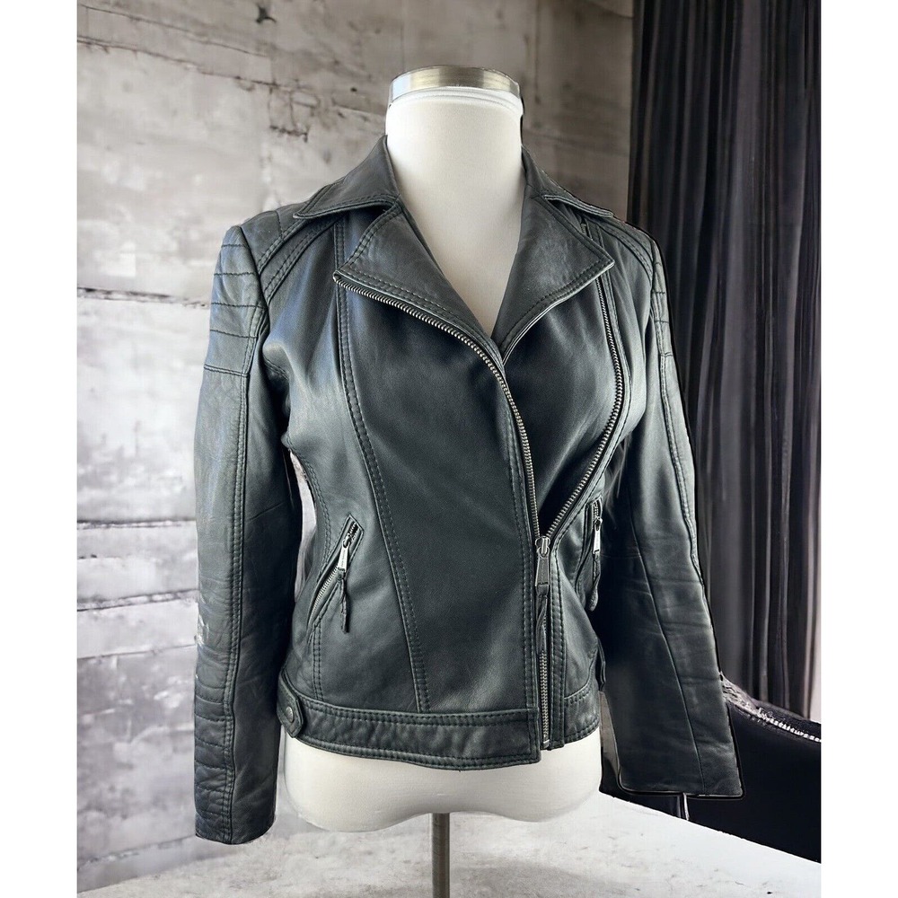 Michael Michael Kors Motorcycle Leather Jacket Distress Black Zip Moto Womens M - Picture 1 of 16